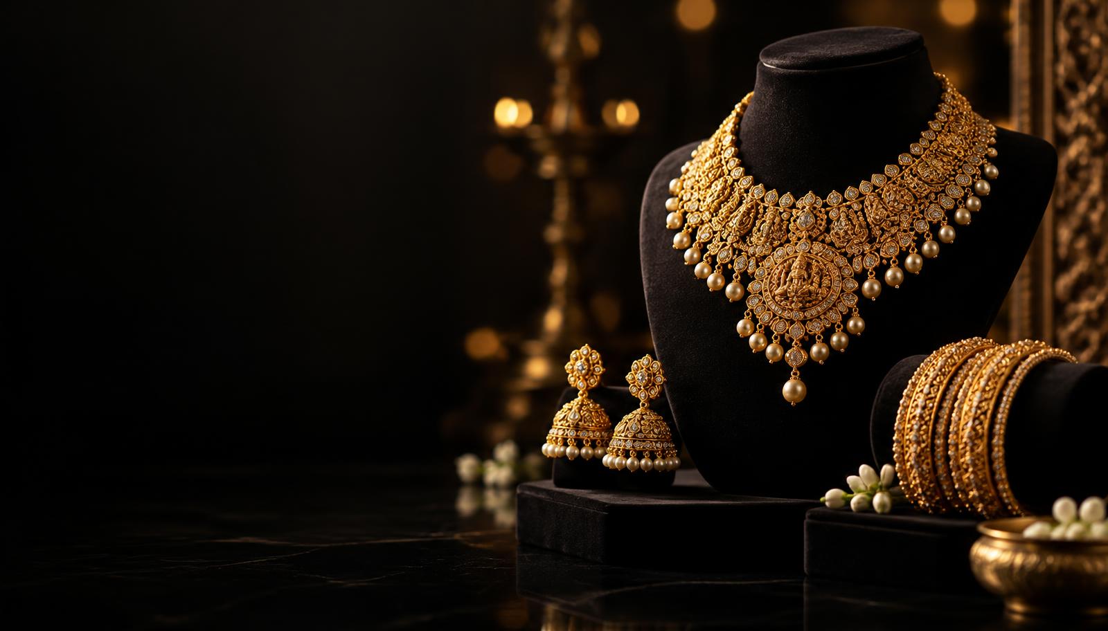 Gold bridal necklace, jhumkas and bangles by Manoharlal Parswani Jewellers